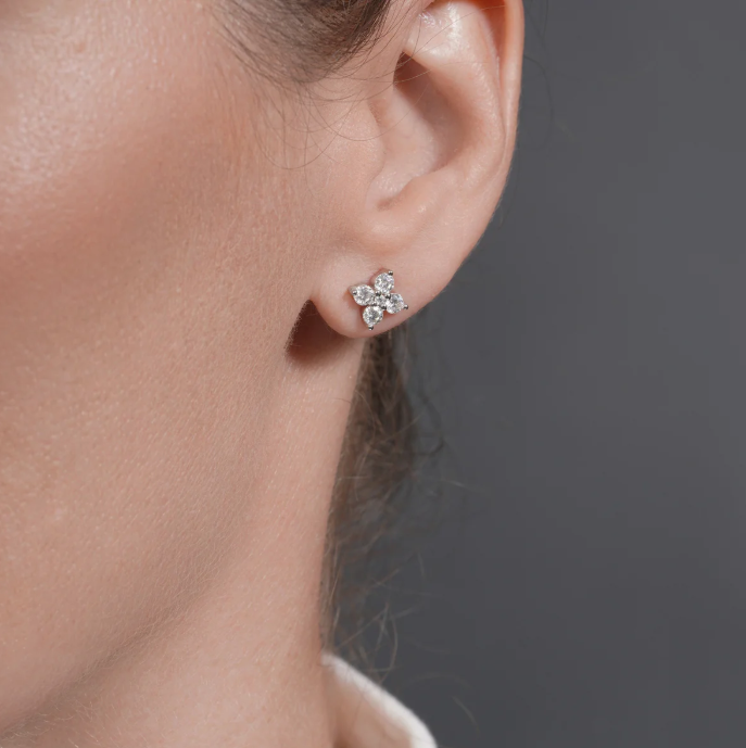Moissanite Flower Stud Earrings | 7MM | Rhodium-Plated Sterling Silver | Certificate Included
