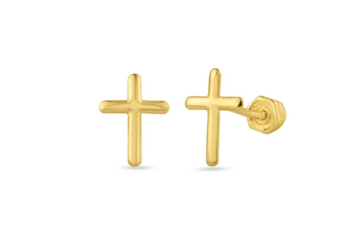 Dainty Cross Stud Earrings | 5 × 7MM | 14K Yellow Gold