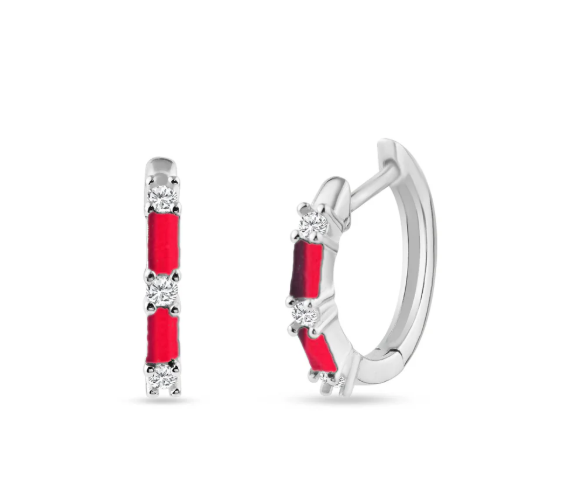Color CZ Huggie Hoop Earrings | Red | 13.2MM | Rhodium-Plated Sterling Silver