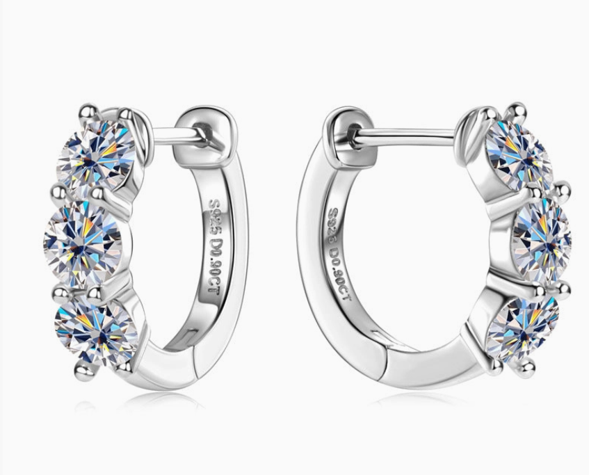 Moissanite Trinity Huggie Earrings | 13.5MM | 1.8CT Total | 950 Platinum-Plated Sterling Silver | Certificate Included