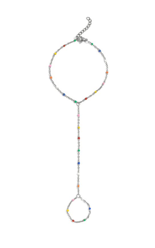 Colorful Bead Station Hand Chain Bracelet | Gold or Steel | 316L Stainless Steel