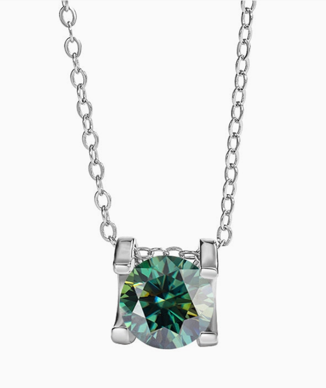 Color Moissanite Solitaire Pendant Necklace | Green |8MM | 2.0CT | 950 Platinum-Plated Sterling Silver | Certificate Included