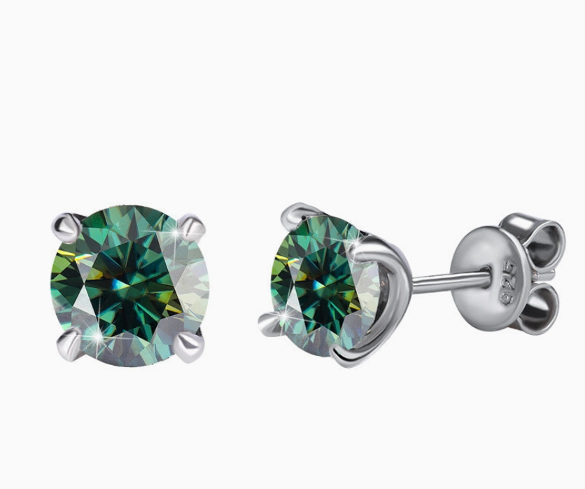 Color Moissanite Round Stud Earrings | Green| 8MM | 2.0CT Each (4.0CT Total) | 950 Platinum-Plated Sterling Silver | Certificate Included