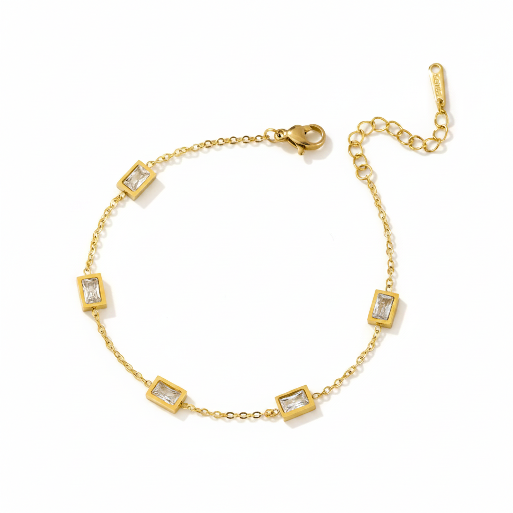 5-Stone Bezel Zircon Bracelet | 18K Gold Plated | 316L Stainless Steel