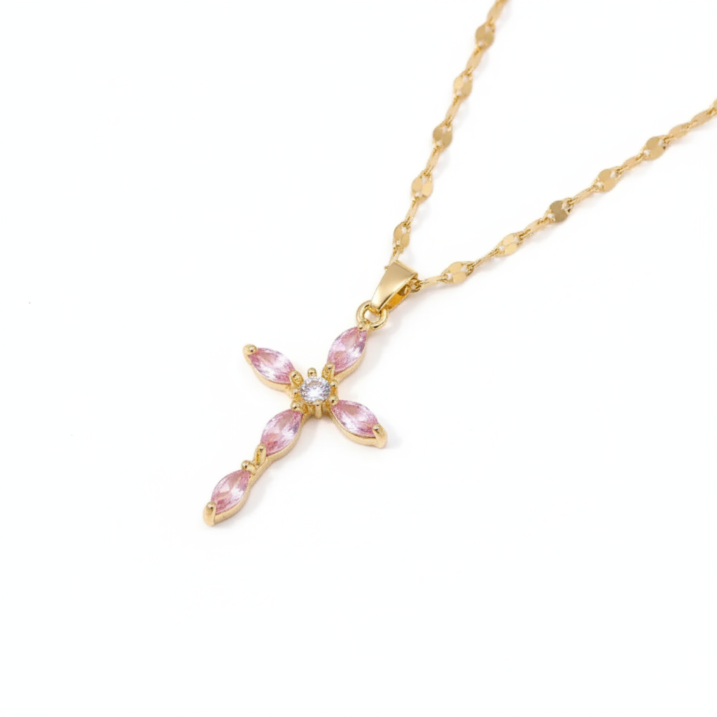 Cross Lip Chain Necklace | Colorless or Pink | 18K Gold PVD | 316L Stainless Steel