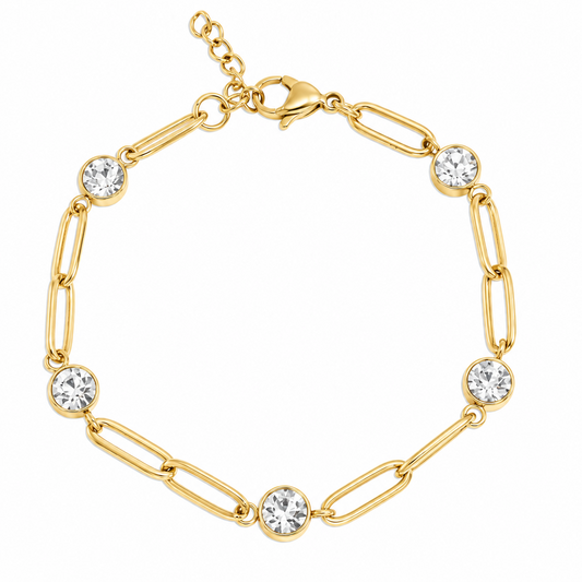 Crystal Station Paperclip Bracelet | 4MM | 18K Gold PVD or Steel | 316L Stainless Steel