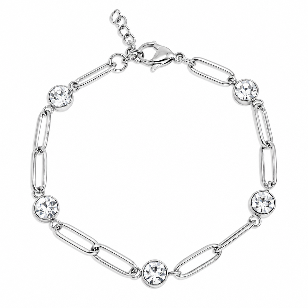 Crystal Station Paperclip Bracelet | 4MM | 18K Gold PVD or Steel | 316L Stainless Steel