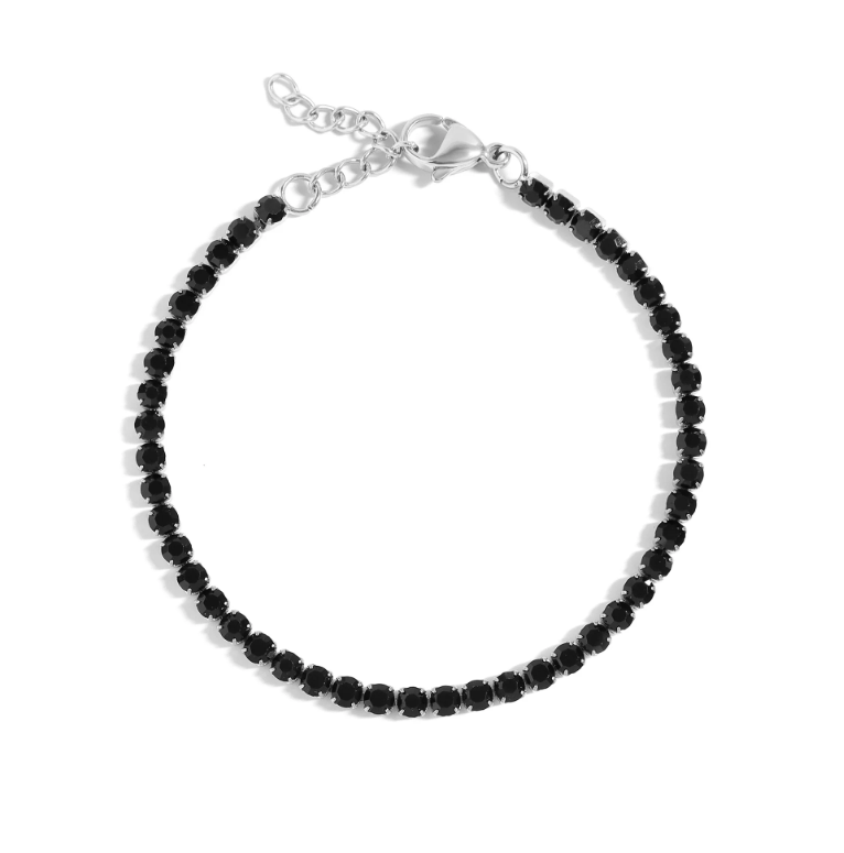 Round Tennis Bracelet 3MM | Black Rhinestone | 18K Gold PVD or Steel | 316L Stainless Steel