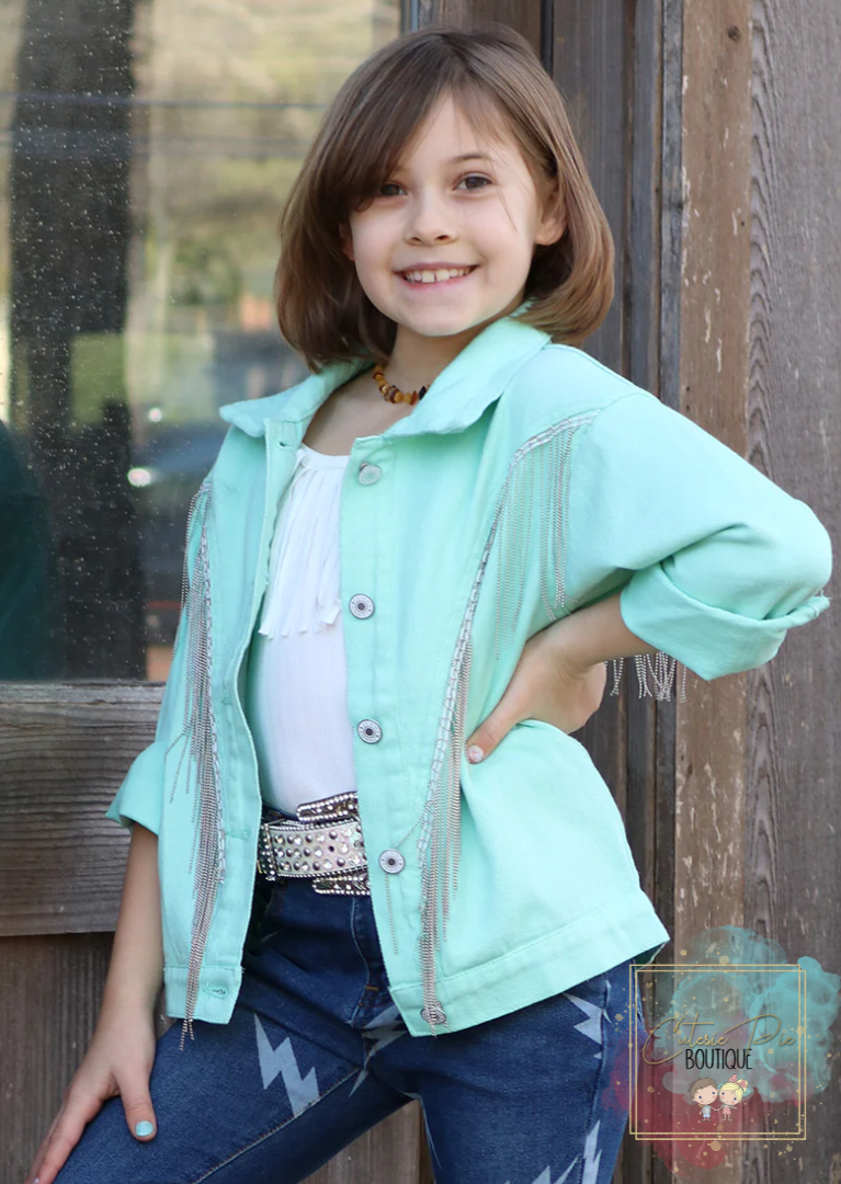 Denim Jacket with Tassel Fringe - Mint