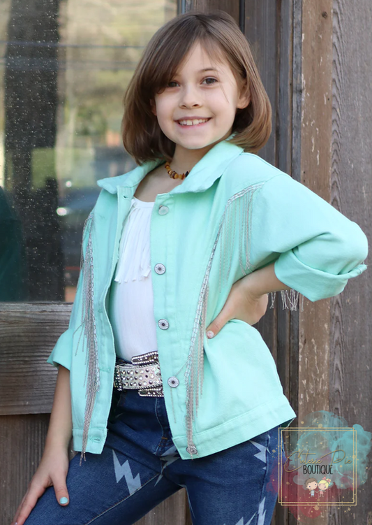 Denim Jacket with Tassel Fringe - Mint