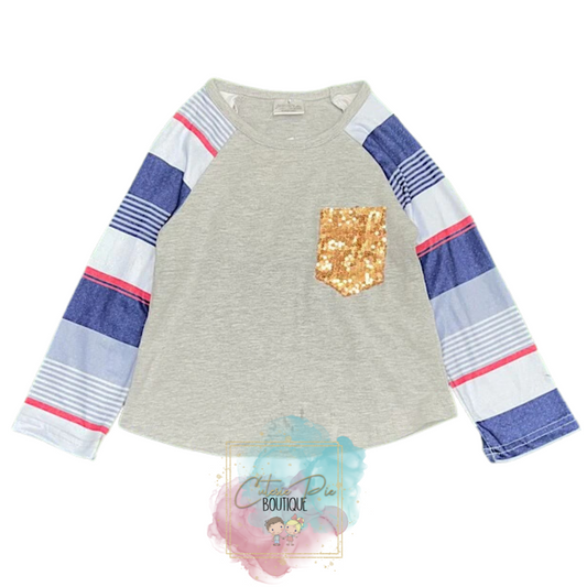 Stripe Long Sleeve Top with Sequin Pocket