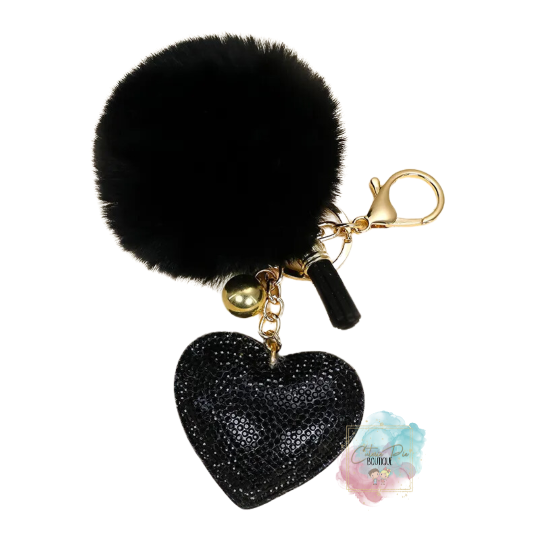 Bag Charm / Keychain - Bling Heart w/ Pom Pom & Tassel