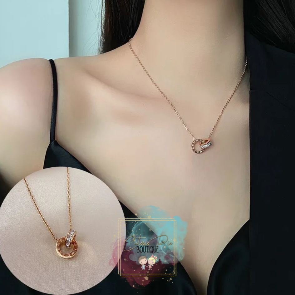 STAINLESS JEWELRY - Round Roman Numeral Necklace - Titanium Steel Plated w/ Rhinestone