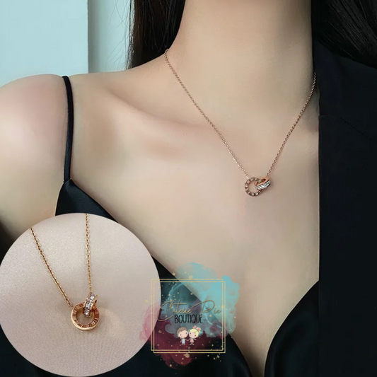 STAINLESS JEWELRY - Round Roman Numeral Necklace - Titanium Steel Plated w/ Rhinestone