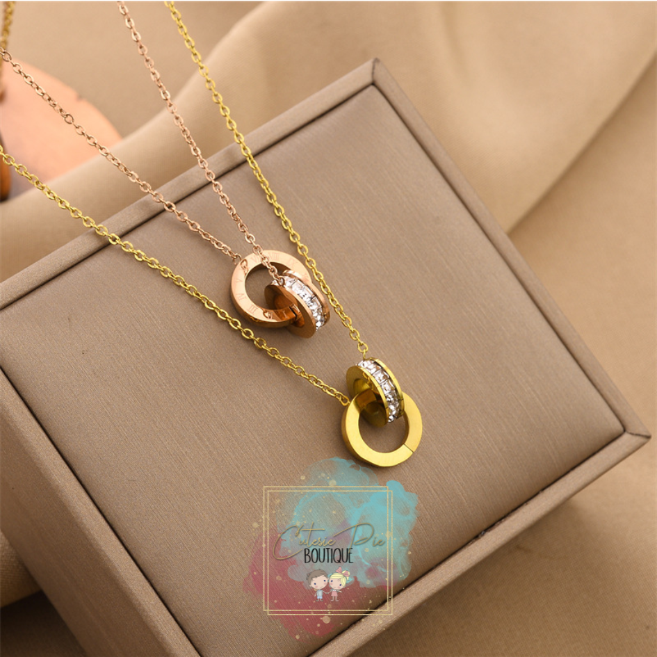 STAINLESS JEWELRY - Round Roman Numeral Necklace - Titanium Steel Plated w/ Rhinestone