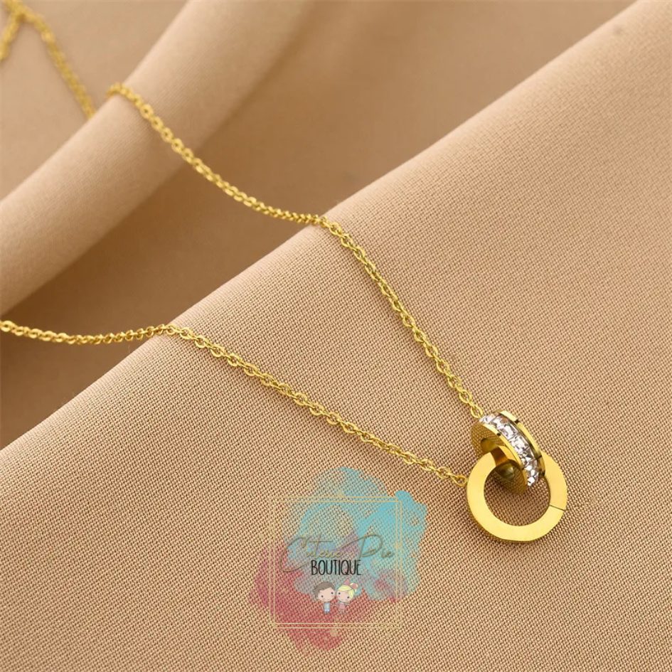 STAINLESS JEWELRY - Round Roman Numeral Necklace - Titanium Steel Plated w/ Rhinestone