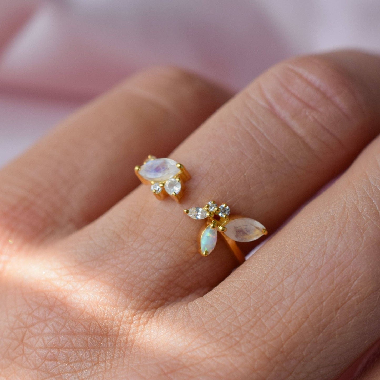 GOLD VERMEIL - RING - CLUSTER RAINBOW OPAL, MOONSTONE BLING