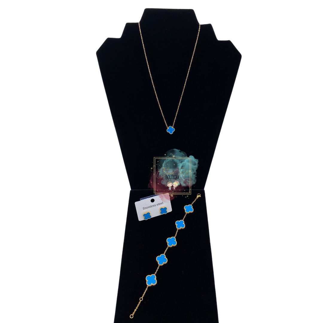 STAINLESS JEWELRY - Clover BLUE - Earring / Bracelet / Necklace / SET