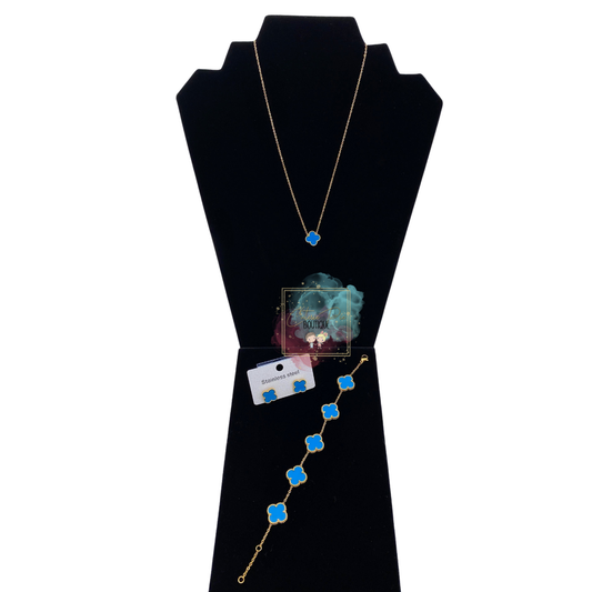 STAINLESS JEWELRY - Clover BLUE - Earring / Bracelet / Necklace / SET