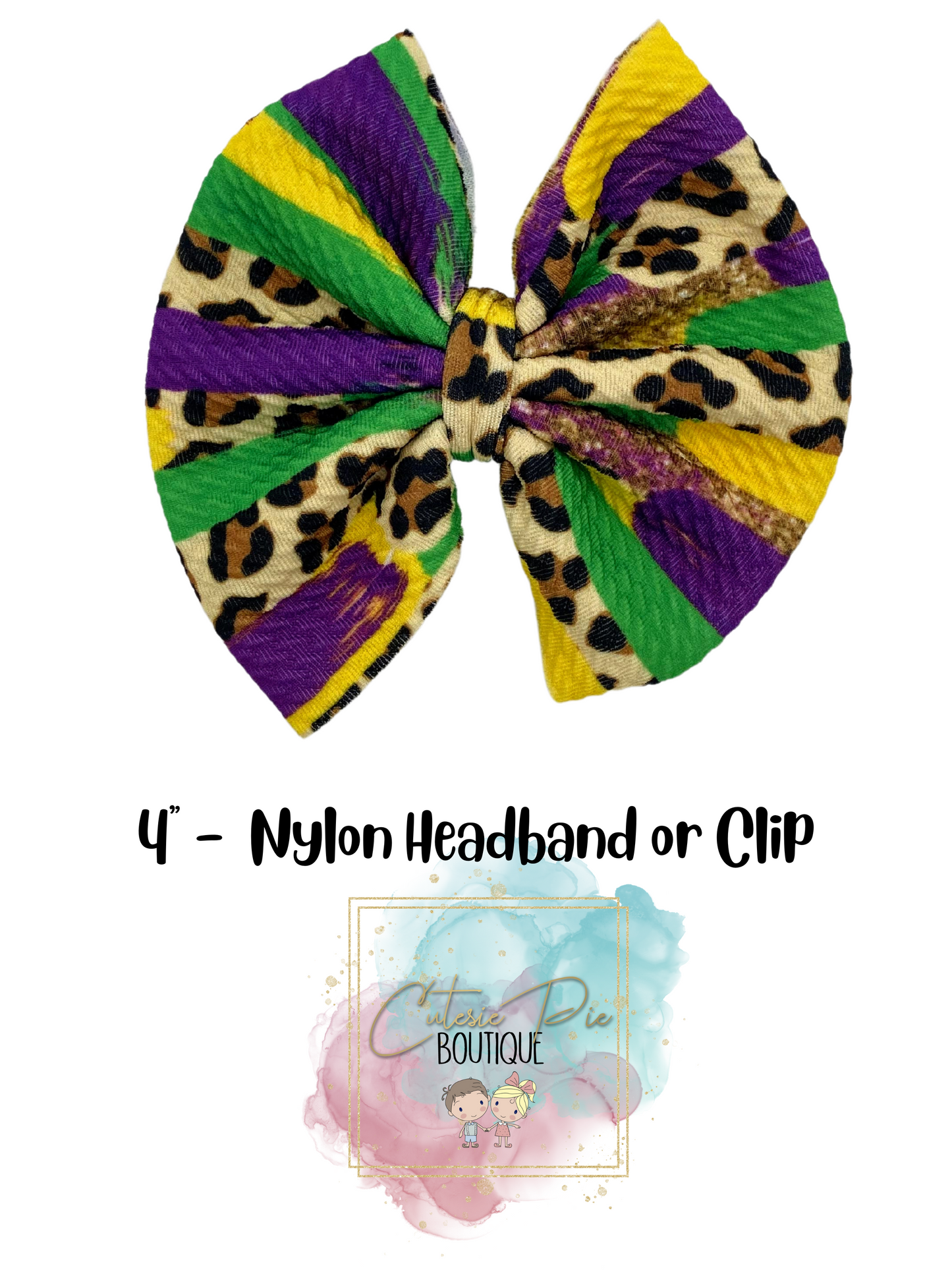 4" Cutesie Fabric Hair Bow - MARDI GRAS