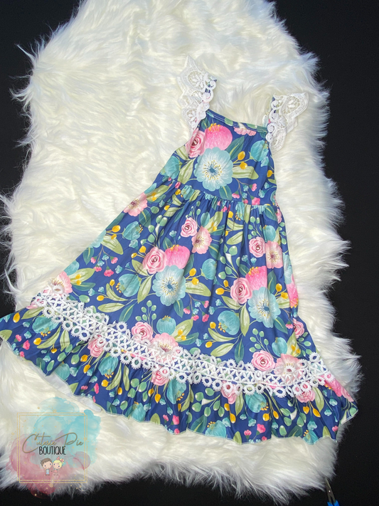 Girls Blue Floral & Lace Dress
