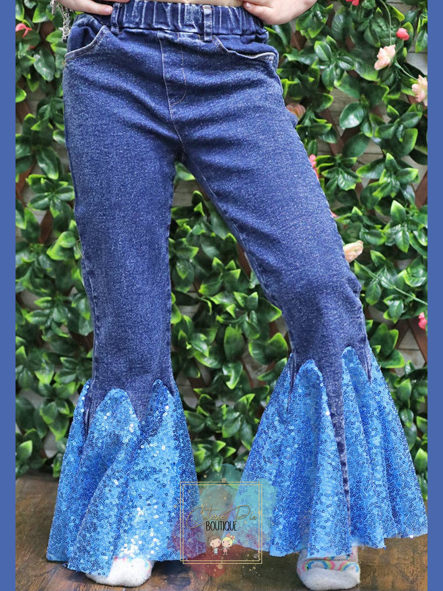 Girls Denim Bell Bottoms w/ Blue Sequins