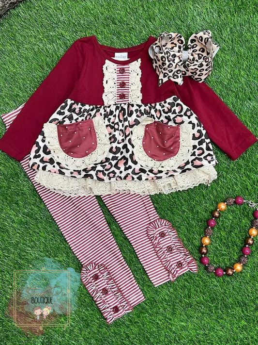 Girls Set - Animal Print w/ Ivory Lace & Stripes