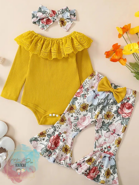 Baby Girls Lace Ruffle Onesie and Flared Pant
