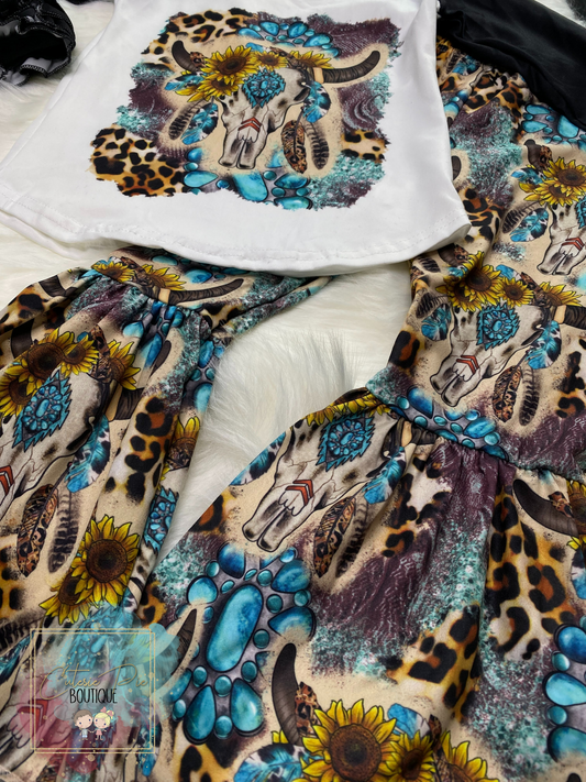 Girls Turquoise Western Skull 2PC SET - Ruffle Sleeve Top & Flare Pant