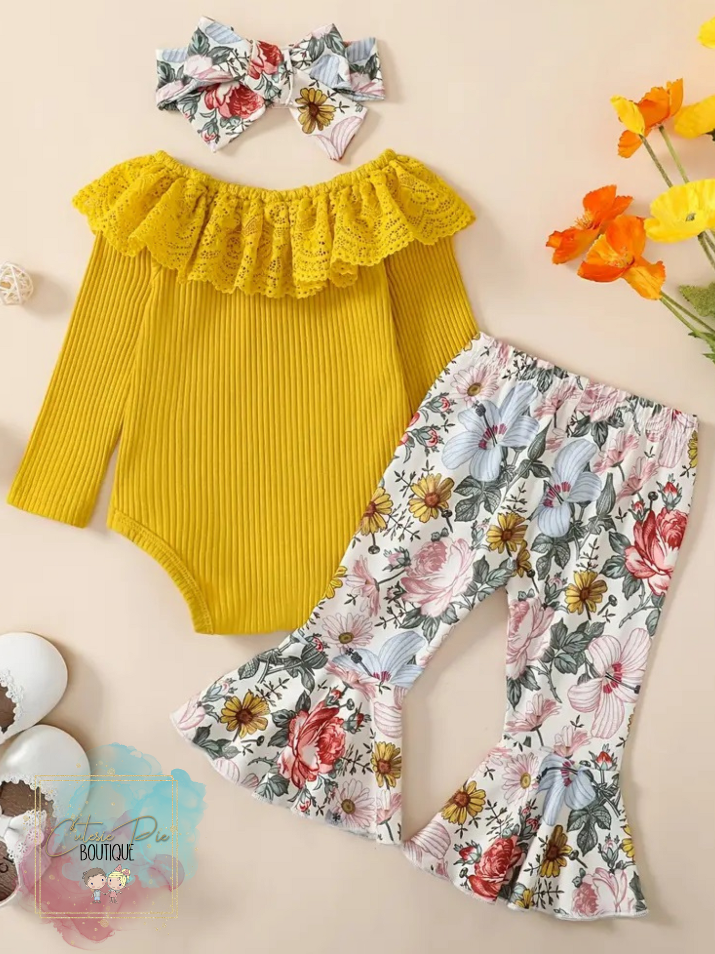 Baby Girls Lace Ruffle Onesie and Flared Pant