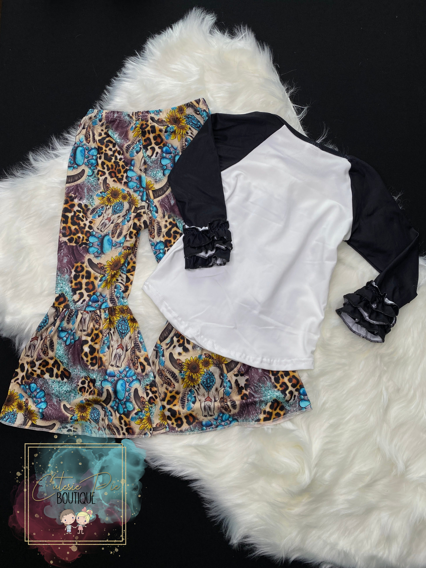 Girls Turquoise Western Skull 2PC SET - Ruffle Sleeve Top & Flare Pant