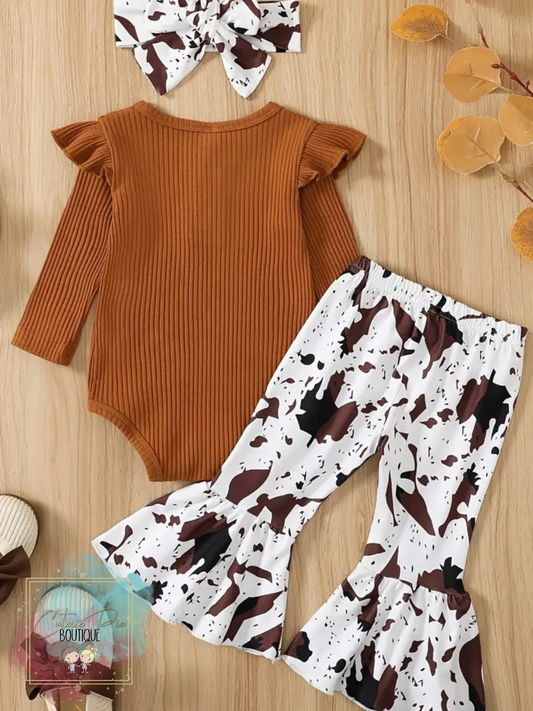 Baby Girls Onesie and Flare Pant 3PC SET - Cow Print