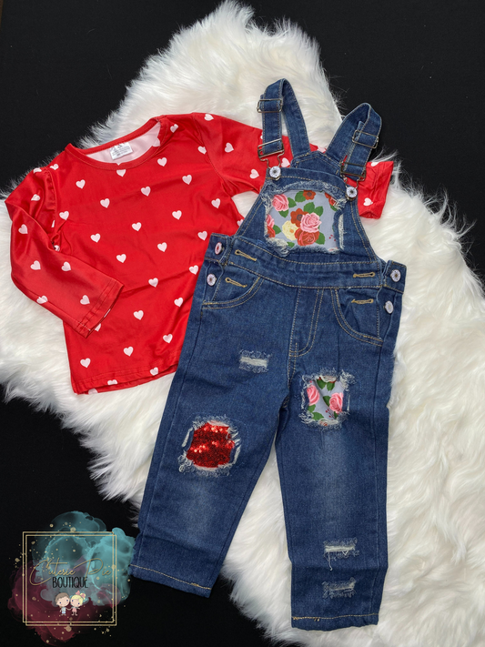 Girls Floral & Heart Overalls 2PC SET