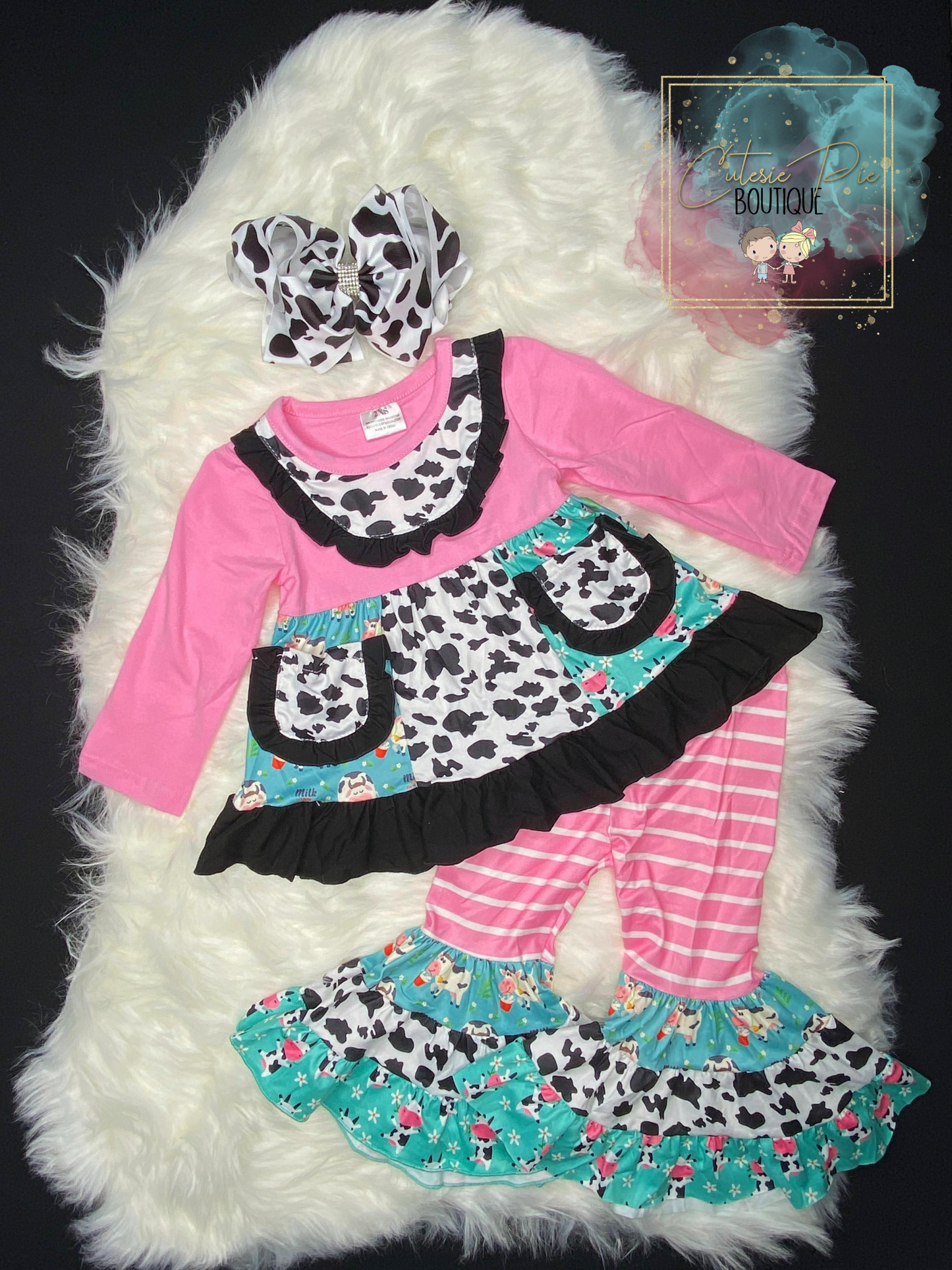 Girls MOO-VELOUS 3PC SET - Top, Bottom & Hair Bow