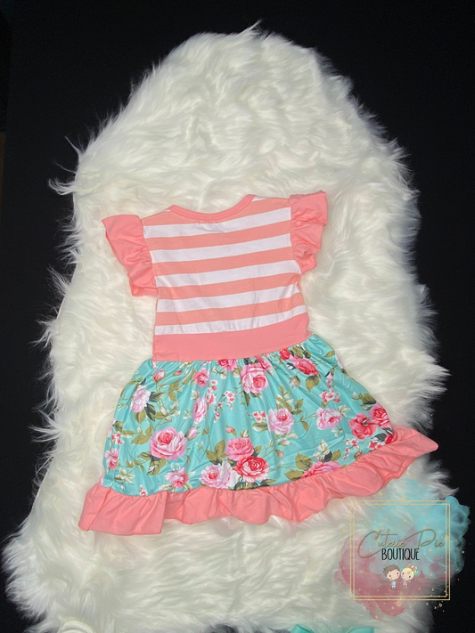 Girls Peach & Turquoise Floral Dress w/ Pockets