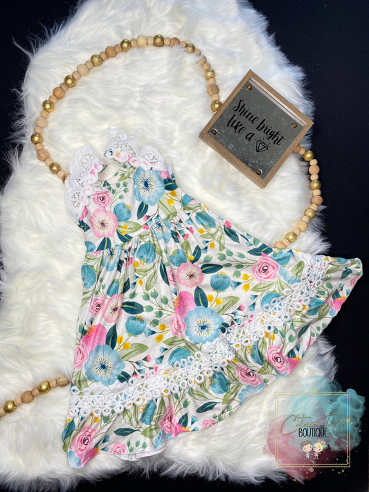 Girls White Floral & Lace Dress