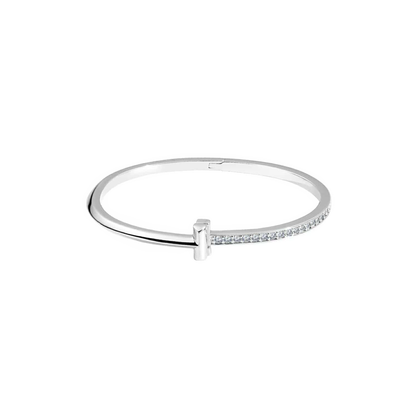 Premium T Bangle Bracelet | 3MM Half Pavé CZ | 18K Gold PVD | Hidden Hinge Closure