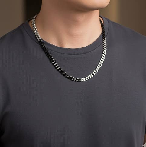 Premium Stainless Steel | 8MM Cuban Link Necklace | Black & Steel Two-Tone