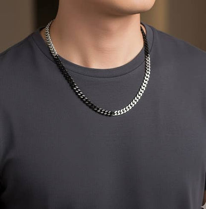 Premium Stainless Steel | 8MM Cuban Link Necklace | Black & Steel Two-Tone