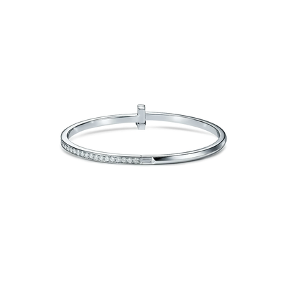 Premium T Bangle Bracelet | 3MM Half Pavé CZ | 18K Gold PVD | Hidden Hinge Closure