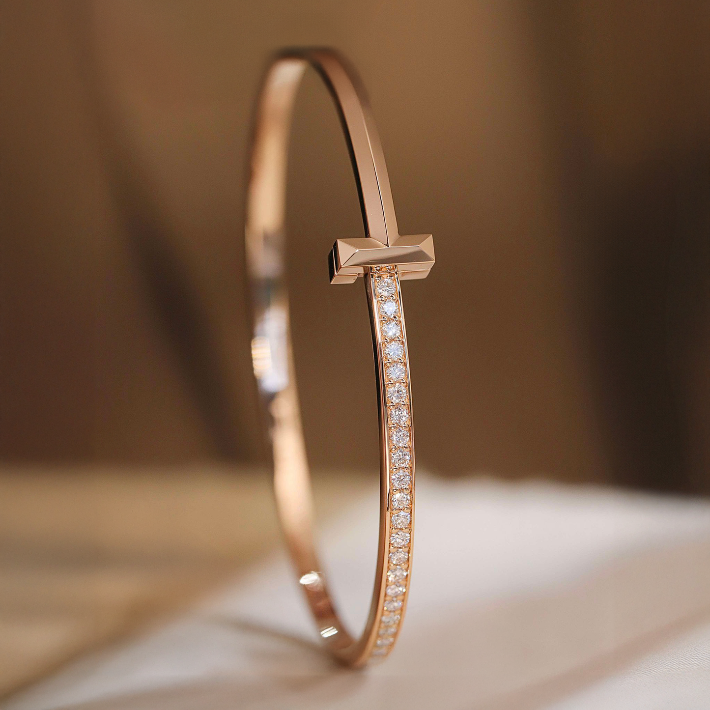 Premium T Bangle Bracelet | 3MM Half Pavé CZ | 18K Gold PVD | Hidden Hinge Closure