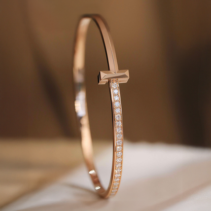 Premium T Bangle Bracelet | 3MM Half Pavé CZ | 18K Gold PVD | Hidden Hinge Closure