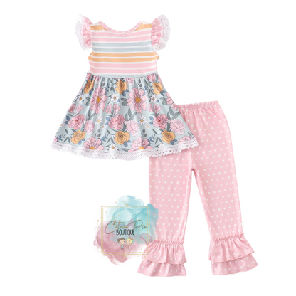 Pink Stripe Floral Ruffle 2PC SET