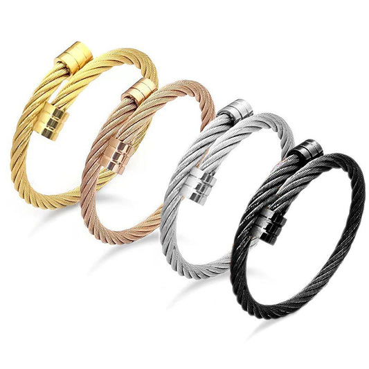 Cable Twist Open Cuff Bracelet | Steel, Black, Gold or Rose Gold | 304 Stainless Steel