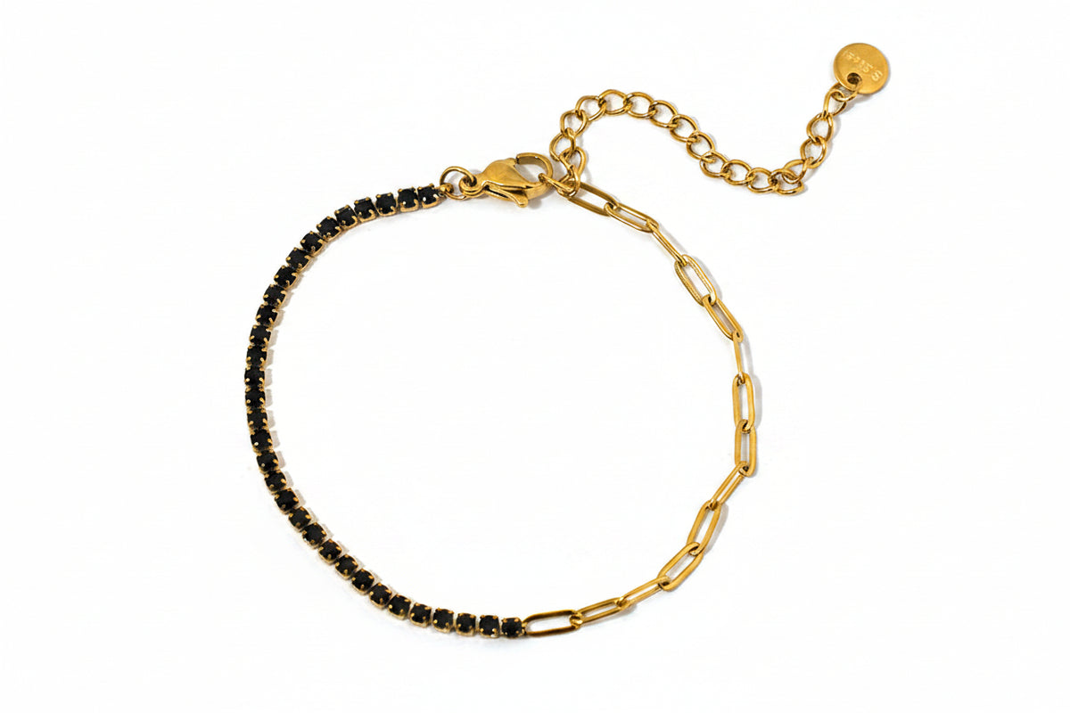 Black Rhinestone Paperclip Bracelet | 18K Gold PVD | 304 Stainless Steel