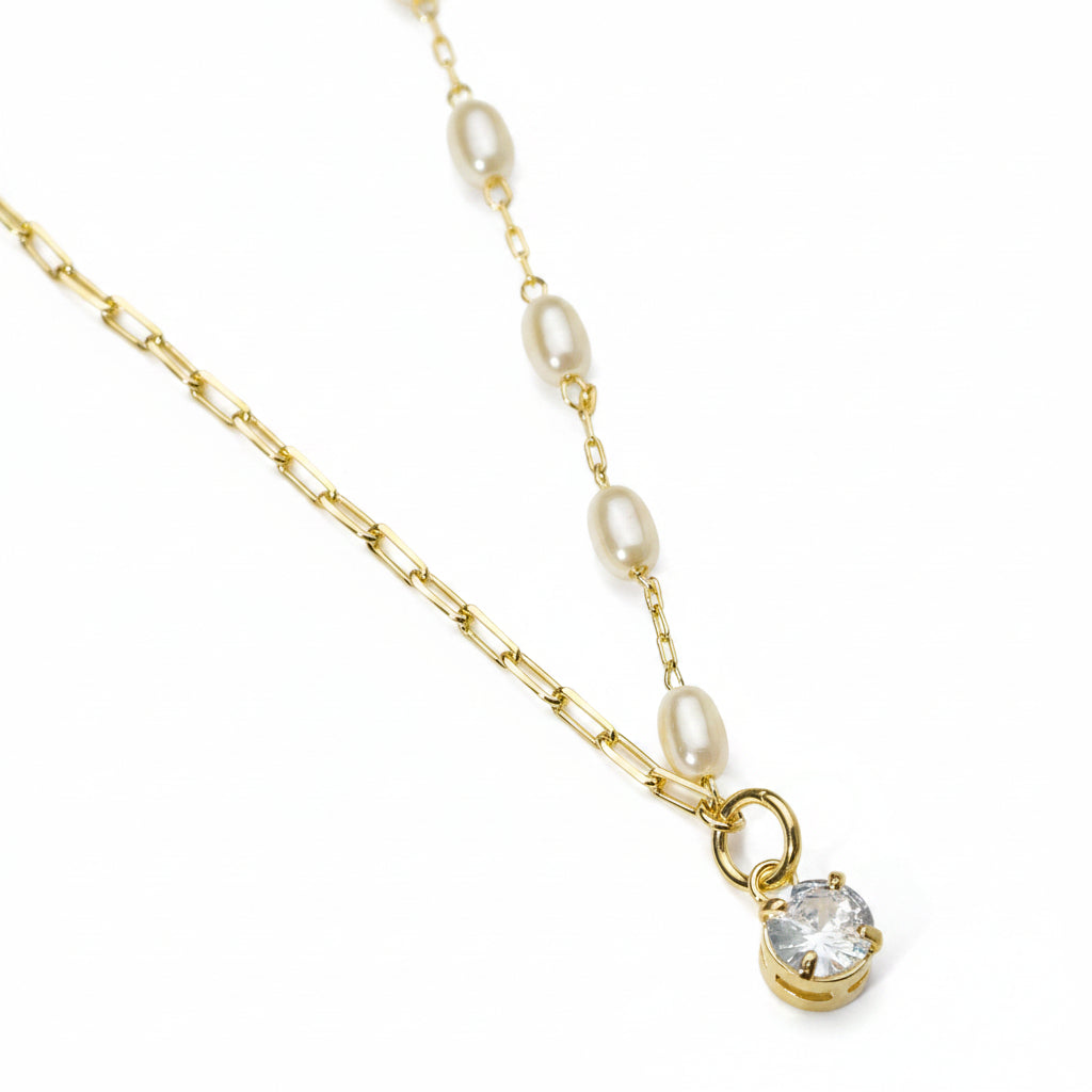 GOLD FILLED - NECKLACE - CUTESIE OVAL PEARL + PAPERCLIP W/ CZ CHARM