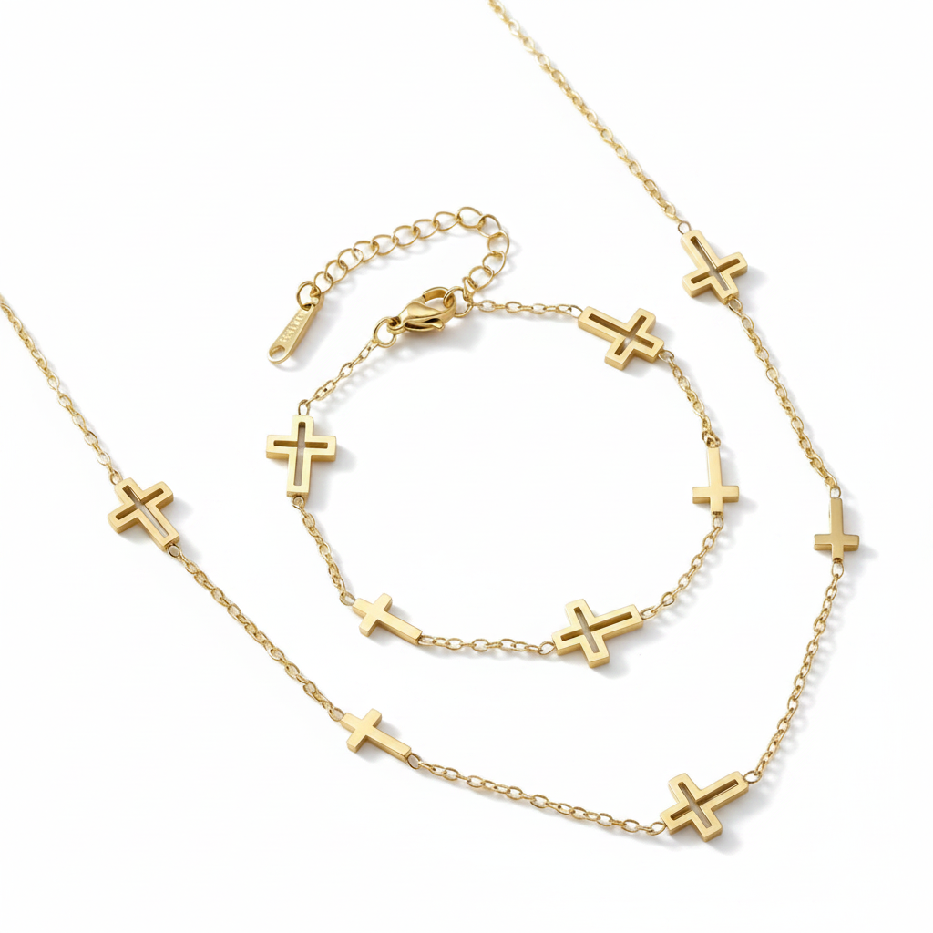 Faith in Every Link Cross Jewelry Set | Necklace + Bracelet | 18K Gold PVD | 304 Stainless Steel