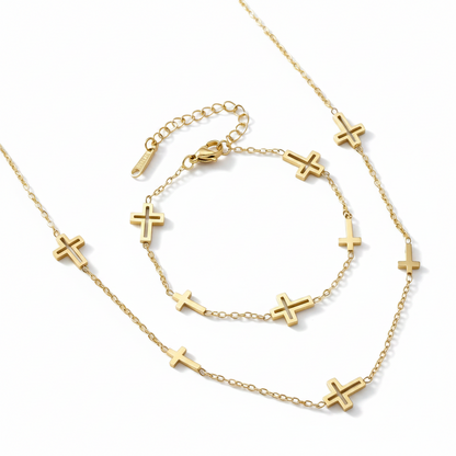 Faith in Every Link Cross Jewelry Set | Necklace + Bracelet | 18K Gold PVD | 304 Stainless Steel