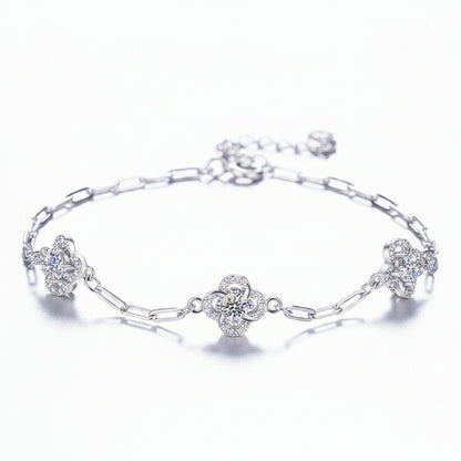 Moissanite Dainty Floral Halo Paperclip Bracelet | 950 Platinum-Plated Sterling Silver | No Certificate