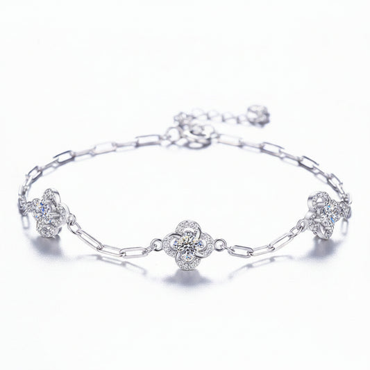 Moissanite Dainty Floral Halo Paperclip Bracelet | 950 Platinum over Sterling Silver | No Certificate